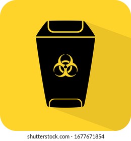 Contaminated waste sign. Biohazard Trash garbage bin direction. Home office hospital. Flat 3D shadow design. yellow background black vector. product brand service label banner board display. App icon