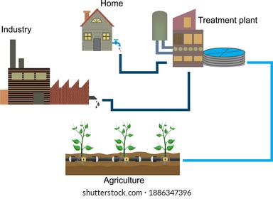 Contaminated water in homes and industrial factories. re-treatment and use in agriculture. Recycling of dirty water. water treatment for farming