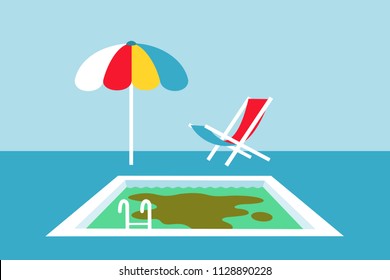 Contaminated water in the swimming pool - blues water is dirty and filth. Dirtiness and filthiness on surface. Beach umbrella and deckchair around the pool. Vector illustration.