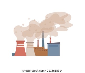 Contamination of air with smoke by factories, plants and industries. Vector pipes making smog, environmental pollution and harm for nature. Atmosphere gas emissions, chemical substances flat cartoon