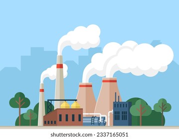 Contamination of air with smoke by factory, plants and industries. Pipes making smog, environmental pollution and harm for nature. Atmosphere gas emissions, chemical substances, damage to environment