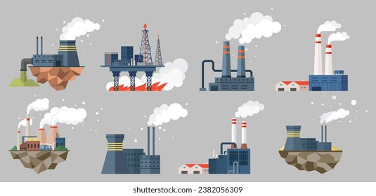 Contamination of air with smoke by factory, plants and industries. Pipes making smog, waste pollution and harm for nature. Atmosphere gas emissions, chemical substances, damage to environment