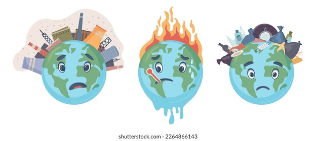 Contamination and pollution of planet earth. Isolated planets suffering from factories, fires and waste thrown away be people dwellers. Vector ecology problems, cartoon characters in flat style