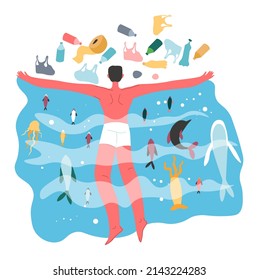 Contamination and pollution of sea and ocean waters. Personage protecting nature and marine dwellers from harmful impact. Fish and dolphins floating underwater. Saving planet, vector in flat