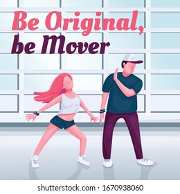 Contemp dance class social media post mockup. Be original, be mover phrase. Web banner design template. Modern dancers booster, content layout with inscription. Poster, print ads and flat illustration