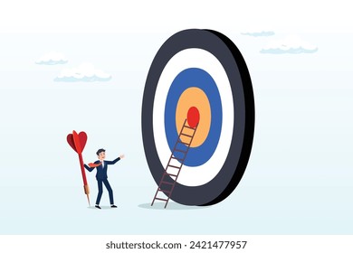 Contemplate businessman hold big dart about to climb up ladder to bullseye, aiming for high target mission, plan and strategy to achieve goal, business opportunity or career success journey (Vector)