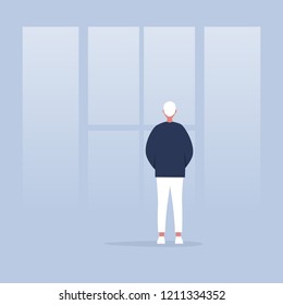 Contemplate. Meditate. Harmony. Young calm character looking through the window. Back view. Conceptual illustration, clip art