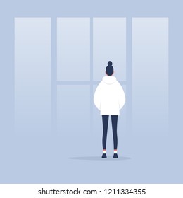 Contemplate. Meditate. Harmony. Young female character looking through the window. Back view. Conceptual illustration, clip art