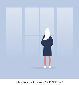 Contemplate. Meditate. Harmony. Young female character looking through the window. Back view. Conceptual illustration, clip art