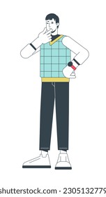 Contemplate pensive young man flat line color vector character. Editable outline full body person on white. Casual guy thinking in full length simple cartoon spot illustration for web graphic design