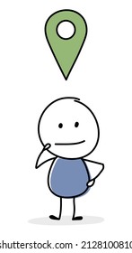 Contemplating cartoon businessman with navigation - position icon. Vector