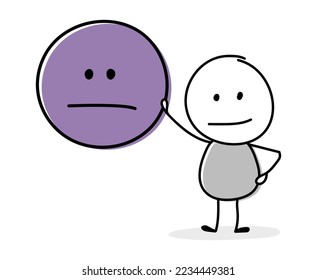 Contemplating stickman with emoticon symbol. Business concept. Vector