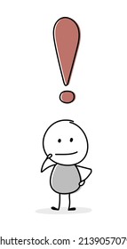 Contemplating stickman with exclamation mark symbol. Business concept. Vector
