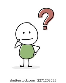 Contemplating stickman with question mark symbol. Vector