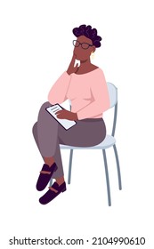 Contemplating woman sitting semi flat color vector character. Sitting figure. Full body person on white. Research isolated modern cartoon style illustration for graphic design and animation