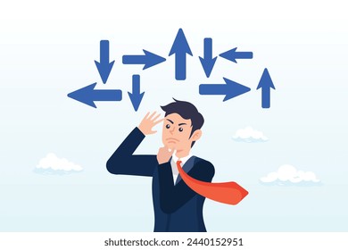 Contemplation businessman making decision where to go next, decision making, decide the right way or choosing options, best alternative or solution to success, business direction or thinking (Vector)