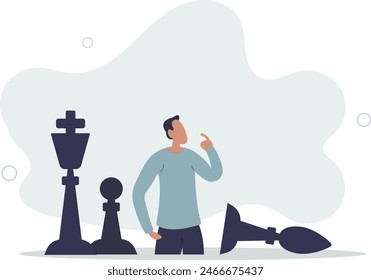 contemplation businessman thinking with chess pieces.flat vector illustration.