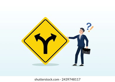 Contemplation businessman thinking which way to go on folk road sign, decision to choose pathway, alternative or choice, deciding career path, determination or thinking to find solution (Vector)