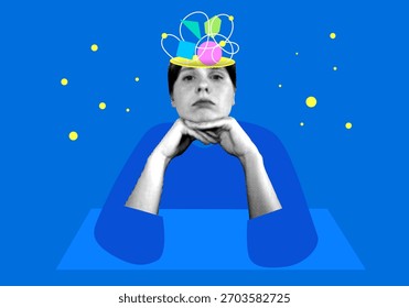Contemplation. Geometric shapes inside a woman's head. Sad woman reflects. Psychological disorders, problems. Emotional burnout. Mental health, depression. Newspaper halftone collage