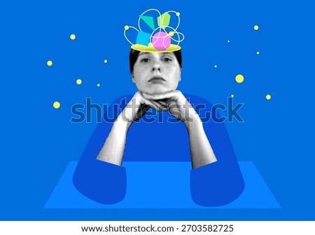Contemplation. Geometric shapes inside a woman's head. Sad woman reflects. Psychological disorders, problems. Emotional burnout. Mental health, depression. Newspaper halftone collage