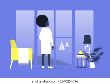 Contemplation, Meditation and Harmony, Young black female character looking through the window of a furnished apartment