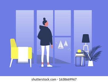 Contemplation, Meditation and Harmony, Young female character looking through the window of a furnished apartment