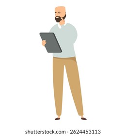 Contemplative bearded man is holding a tablet and thinking, isolated on a white background