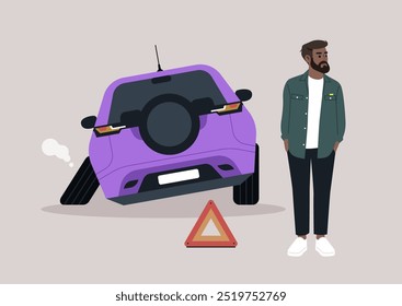 A contemplative bearded man stands beside a quirky car with a flat tire, pondering his next move while awaiting roadside assistance on a calm afternoon