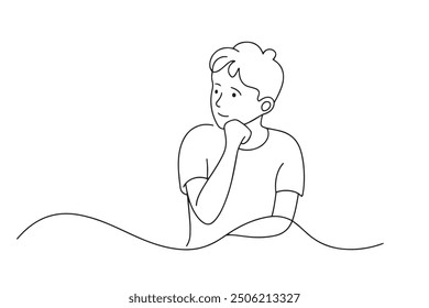 Un niño contemplativo aparece profundamente en el pensamiento, reflexionando sobre una idea o memoria en su mente Una línea de Ilustración vectorial de arte de línea continua sobre fondo blanco