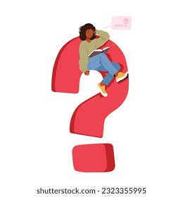 Personaje femenino contemplativo sentado en un enorme signo de interrogación rojo con burbuja de libros y discursos sobre la cabeza, representando introspección, incertidumbre y reflexión profunda. Ilustración de vectores de personas de caricatura