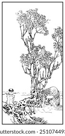 A contemplative figure sits near a serene, detailing a large water buffalo partially submerged. In the scene, intricately drawn trees frame the peaceful moment.