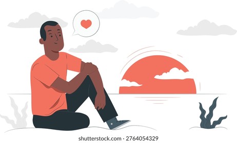 Contemplative individual pondering life with sunset and thought bubble