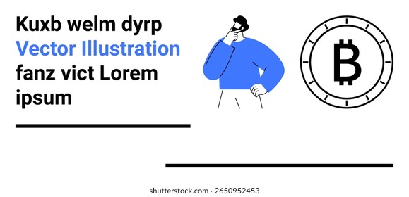 Contemplative man in blue, centered Bitcoin coin, two placeholder text portions. Ideal for financial, investment, cryptocurrency, fintech, minimalistic, modern, educational content. Landing page