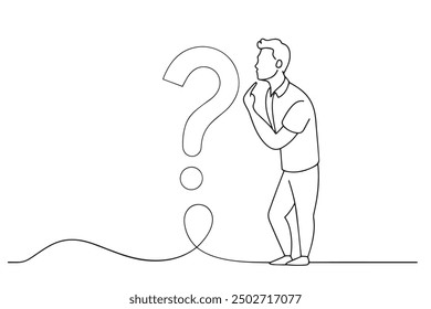 A contemplative man gazes thoughtfully at a large question mark, symbolizing deep reflection and inquiry One line continuous line art vector illustration on white background.
