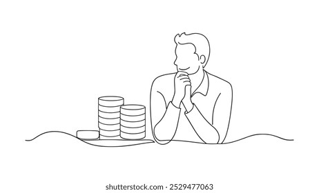 contemplative man sits with his hand on his chin, deep in thought about financial matters and money management continuous line art flat vector illustration on white background