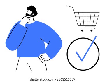 Contemplative person with hand on chin looking up, accompanied by a shopping cart and check mark in minimalistic design. Ideal for purchase decision-making, online shopping, e-commerce, consumer