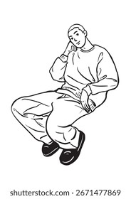 A Contemplative Pose: Um indivíduo posicionado se senta em um momento de introspecção, capturado em um desenho limpo.