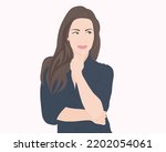 Contemplative woman holding her chin with her hand to show a thought or trouble. Vector illustration.