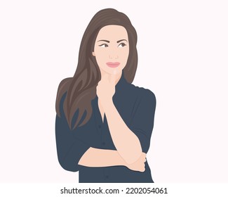 Contemplative woman holding her chin with her hand to show a thought or trouble. Vector illustration.