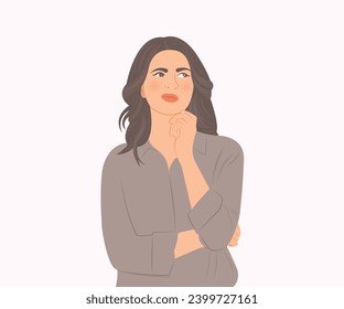 Contemplative woman holding her chin with her hand to show a thought or trouble. Vector illustration.