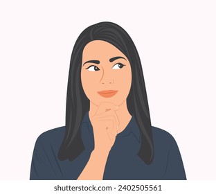 Contemplative woman holding her chin with her hand to show a thought or trouble. Vector illustration.
