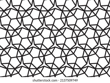 Contemporary 3d effect geometric tessellated line art shapes of 9-sided nonagons, pentagons and stars in a repeating pattern in black color outline against a white background, vector illustration