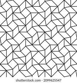 Contemporary abstract 3d effect shapes in a repeating geometric pattern of black outlines against a white background, vector illustration