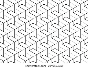 Contemporary abstract 3d stepped effect rectangular block shapes in a repeating geometric pattern of thick and thin black outlines against a white background, vector illustration