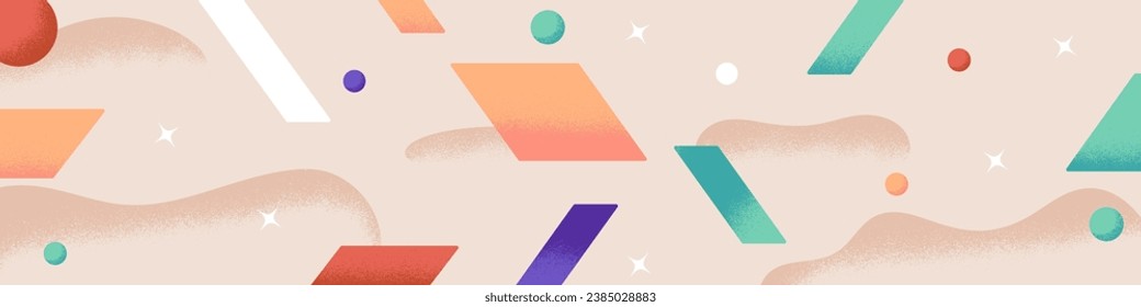 Contemporary abstract art background. Design decoration with geometric shapes, figures. Rounded forms, squares, parallelograms pattern. Different colorful elements panorama. Flat vector illustration.