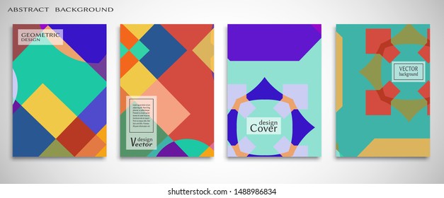 Contemporary abstract art. Colorful geometric background, set of A4 cover.  Header design for flyer, book, info banner frame, title sheet. Modern design. Brochure template layout. Vector illustration