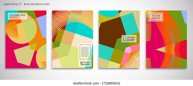 Contemporary abstract art. Colorful geometric background, set of A4 cover.  Header design for flyer, book, info banner frame, title sheet. Modern design. Brochure template layout. Vector illustration
