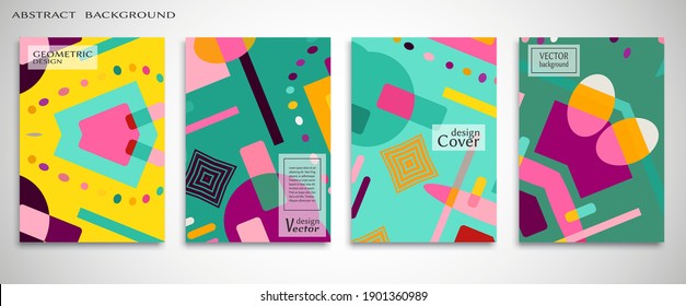 Contemporary abstract art. Colorful geometric background, set of A4 cover.  Header design for flyer, book, info banner frame, title sheet. Modern design. Brochure template layout. Vector illustration