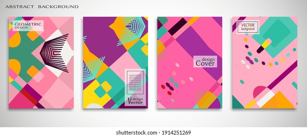 Contemporary abstract art. Colorful geometric background, set of A4 cover.  Header design for flyer, book, info banner frame, title sheet. Modern design. Brochure template layout. Vector illustration