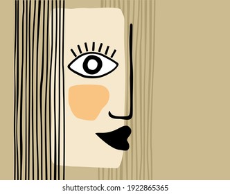 Contemporary abstract art female portrait. Woman face made from simple shapes. Hand drawn trendy minimalistic vector illustration. 